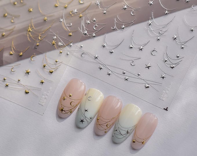 Nail Art Stickers Metallic Stars Nail Decals, Nail Art Supplies, Embossed 3D Nail Decal, Starry Trendy Design, Golden, Silver or Pastels