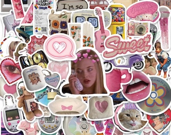 May include: A collection of colorful stickers featuring various designs, including hearts, flowers, butterflies, and cartoon characters. The stickers are arranged in a collage style and include text such as "Sweet" and "I'm so".