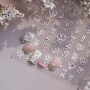 Nail Art Coquette Stickers Bows and Lace Hearts Cherries Cute Summer Nails Shimmery Manicure Fake Nails Pretty Design Nail Decals