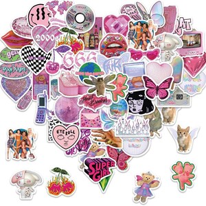 May include: A set of 50 colorful and fun stickers featuring various designs, including hearts, butterflies, cartoon characters, and text. The stickers are perfect for decorating laptops, water bottles, journals, and more.