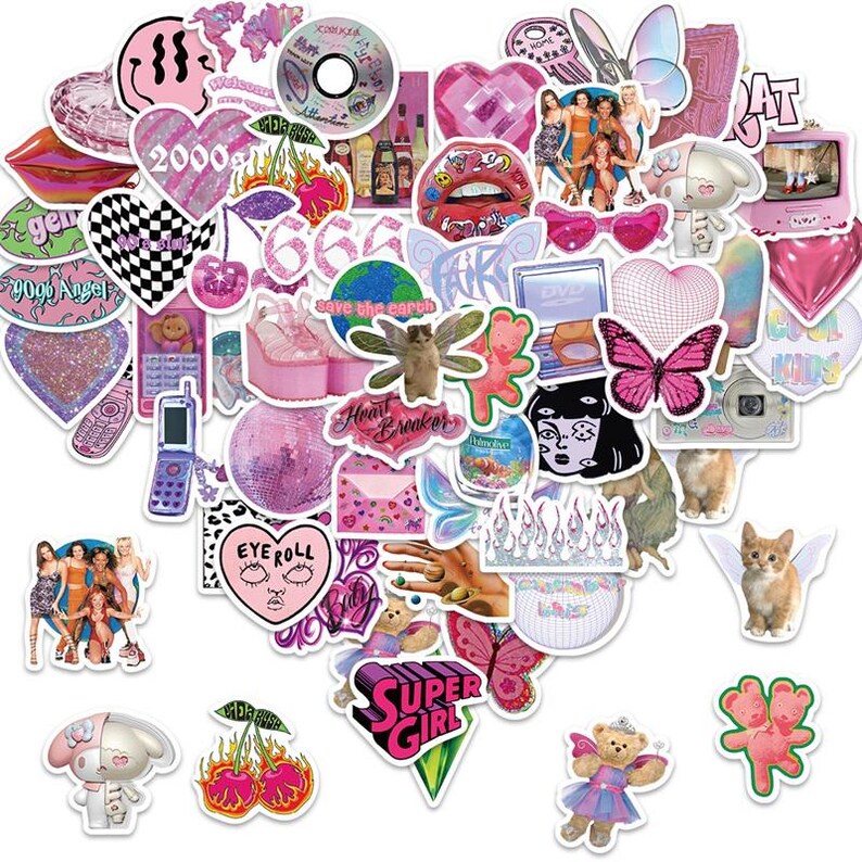 May include: A set of 50 colorful and fun stickers featuring various designs, including hearts, butterflies, cartoon characters, and text. The stickers are perfect for decorating laptops, water bottles, journals, and more.