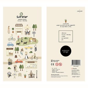 May include: Two-sided sticker sheet with a beige background. One side features a town scene with illustrations of people, buildings, and vehicles. The other side has text, including "Suatelier" and "slow day," along with product details and a warning.