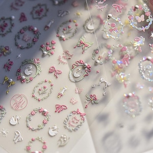 Coquette Nail Art Stickers Swans Pink Ribbons Cute Summer Nails Manicure Fake Nails Pretty Design, Pretty Nail Style