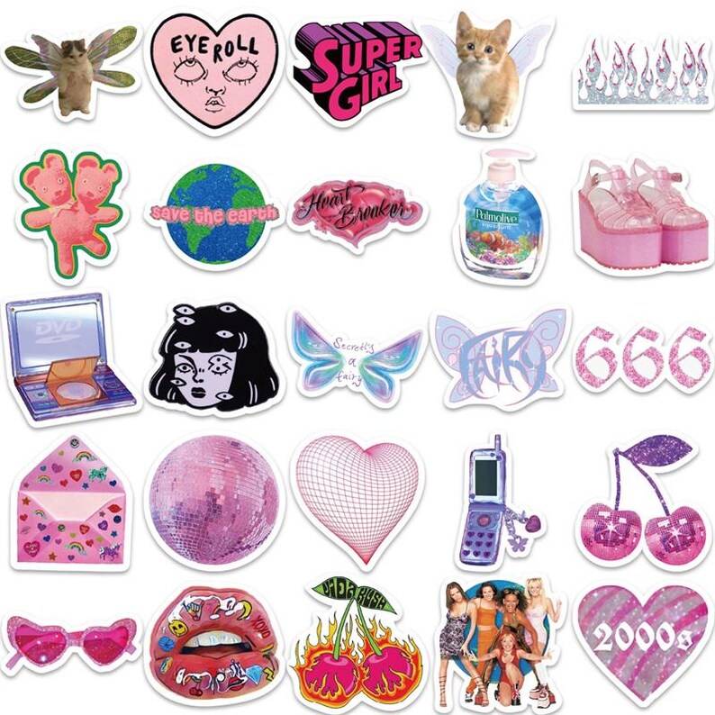 May include: A set of 25 pink and purple aesthetic stickers featuring various designs, including a heart with the text "Eye Roll", a heart with the text "Heart Breaker", a fairy with the text "Secmily", a disco ball, a pair of cherries, a pair of platform shoes, a kitten, and a laptop with the text "DVD".