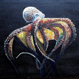 Octopus Original Acrylic Painting On Canvas. Unique A3 Sized Wildlife Portrait of A Colourful Sea Creature.