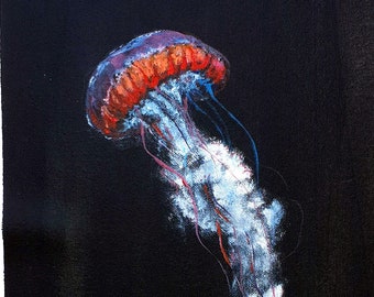 Jellyfish Original Acrylic Painting On Canvas. Unique A3 Sized Wildlife Portrait of A Colourful jellyfish.