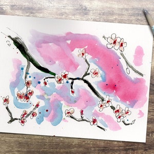 Kirschblüten Bild - Aquarell Kirschblüte Original Gemälde. Signiertes Bild. Einzigartiges Kunstwerk. Tolles Geschenk.