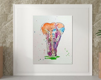 Watercolour elephant original painting. Signed picture. One of a kind artwork. Great gift for animal fan!