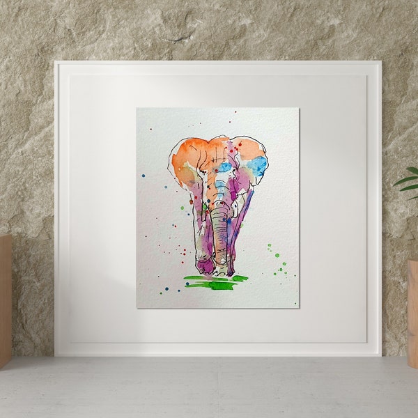 Watercolour elephant original painting. Signed picture. One of a kind artwork. Great gift for animal fan!