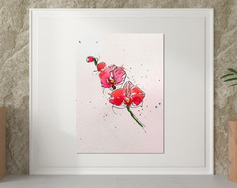 orchid picture- Watercolour orchid original painting. Signed picture. One of a kind artwork. Great gift for boyfriend or girlfriend.
