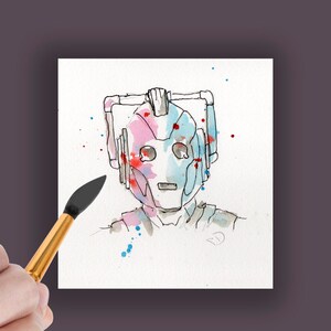 Doutor que dá presentes - pintura em aquarela original do cyberman. Assinado uma obra de arte única. Grande presente para o fã do Dr. Who!