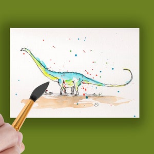 Paléoart original de dinosaure à l'aquarelle. Peinture signée Argentinosaurus. Oeuvre unique en son genre. Grand cadeau pour le fan de dino !