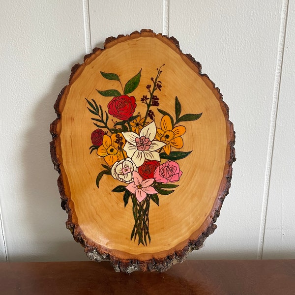 Wood Burned and Painted Flower Bouquet Wall Hanging