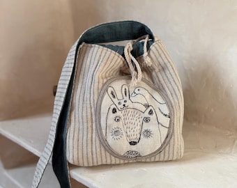 Striped Cotton and Linen Crossbody Bag – Hand-Embroidered Animal Design, Tote for Adults & Kids