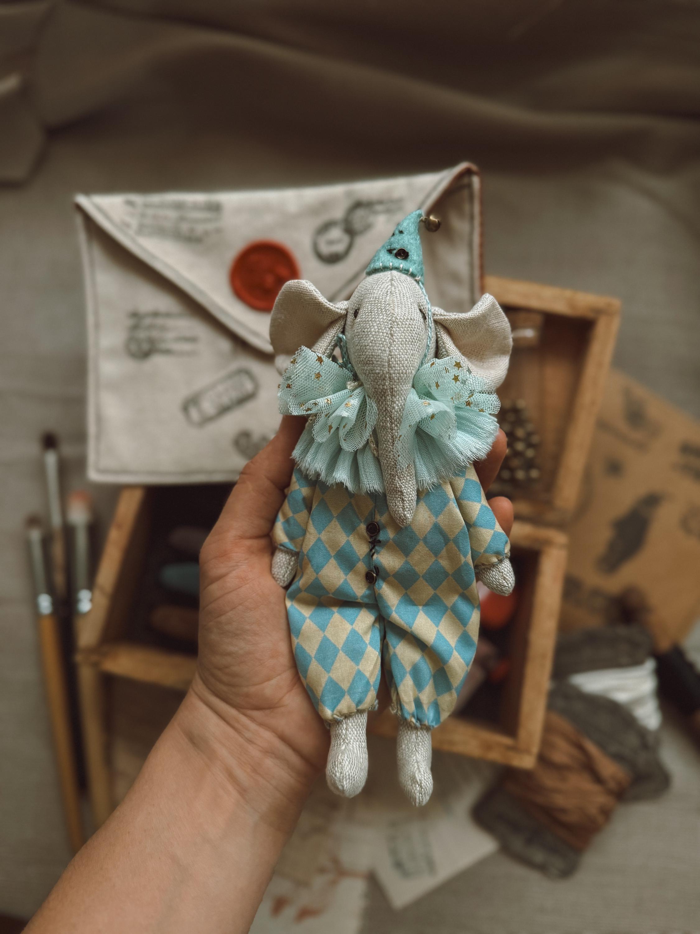 Linnet Toy Handmade Linen Circus Elephant Toy, Harlequin Jumpsuit, Collectible ...