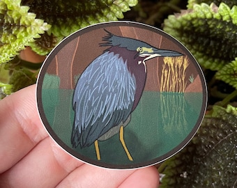 Green Heron Bird Waterproof Vinyl Sticker or Magnet