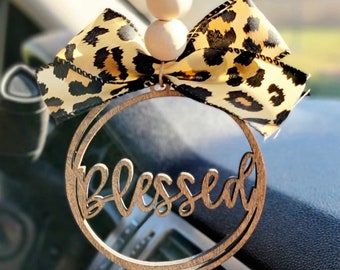 Blessed Car Charm: Maple Wood Ornament with Leopard Bow