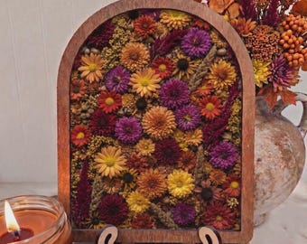 Autumn Mums Flower Wall Art – Wood Arch Framed 8x10 Fall Floral Decor