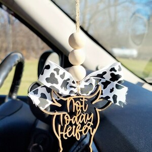 Not Today Heifer Car Charm: Maple Wood Cow Rear View Mirror Ornament