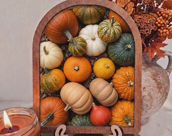 Colorful Pumpkin Harvest – Wood Arch Framed 8x10 Fall Kitchen & Mantel Décor