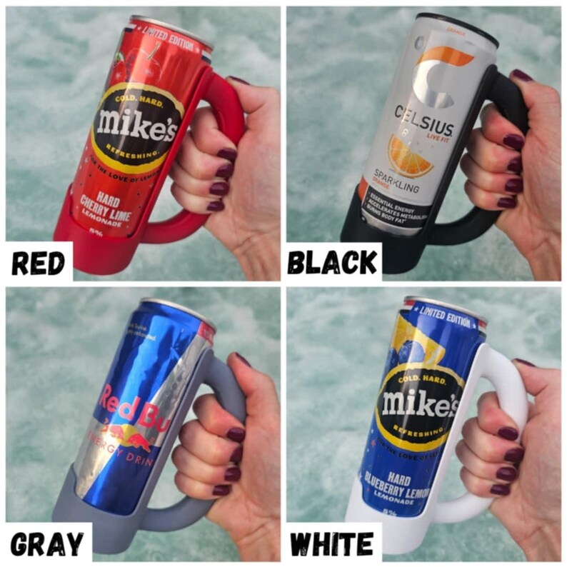 May include: Four beverage can holders in red, black, gray, and white. Each holder has a handle and is holding a different can of soda or energy drink. The red holder has a Mike's Hard Lemonade can. The black holder has a Celsius can.