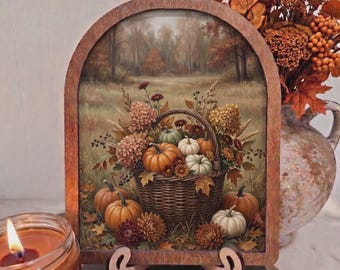 Pumpkin Harvest Basket – Wood Arch Framed 8x10 Rustic Fall Field Art