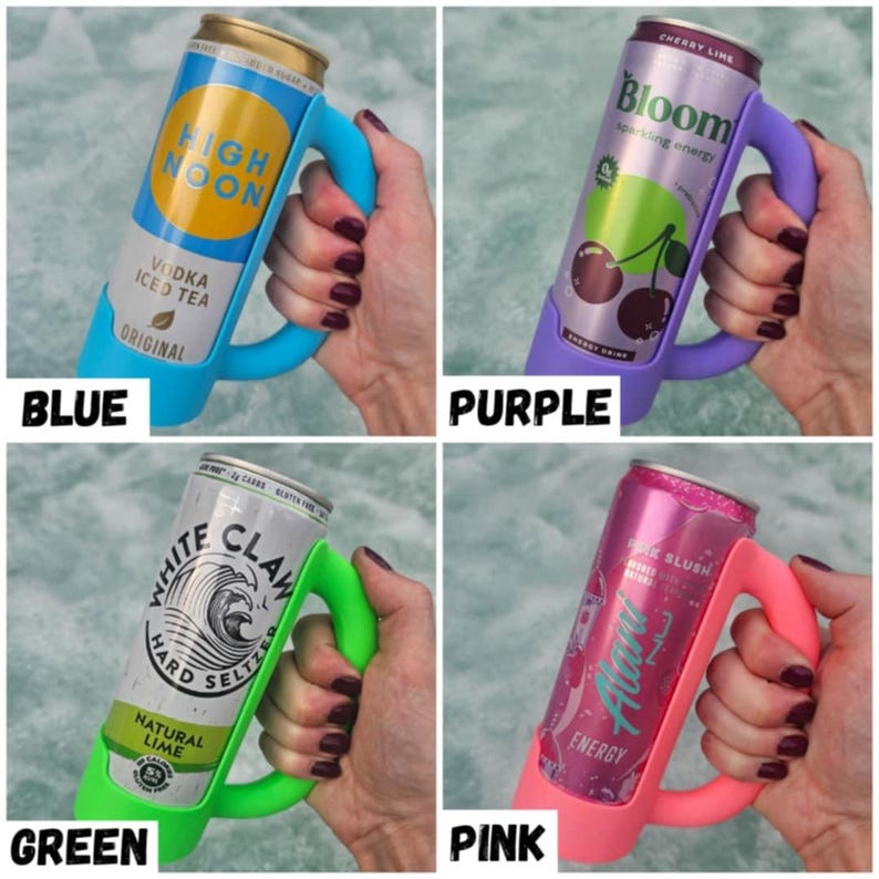 May include: Four colorful can holders in blue, purple, green, and pink. Each holder has a handle and is designed to hold a standard beverage can. The cans feature the brands High Noon, Bloom, White Claw, and Alani Nu.