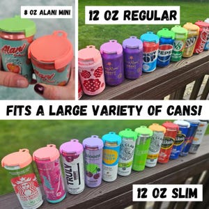 May include: A variety of beverage cans with colorful lids, including 8 oz Alani Mini, 12 oz Regular, and 12 oz Slim sizes. The image shows the cans with lids, showcasing their ability to fit a large variety of cans.