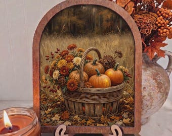 Pumpkin Harvest Basket – Wood Arch Framed 8x10 Rustic Fall Kitchen Decor