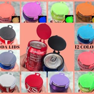 May include: A collage of soda can lids in various colors, including pink, purple, green, and blue. The lids are shown both closed and open, with a can of Coke visible in the center. Text on the image reads "SODA LIDS" and "12 COLORS".