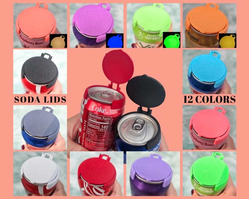 May include: A collage of soda can lids in various colors, including pink, purple, green, and blue. The lids are shown both closed and open, with a can of Coke visible in the center. Text on the image reads "SODA LIDS" and "12 COLORS".