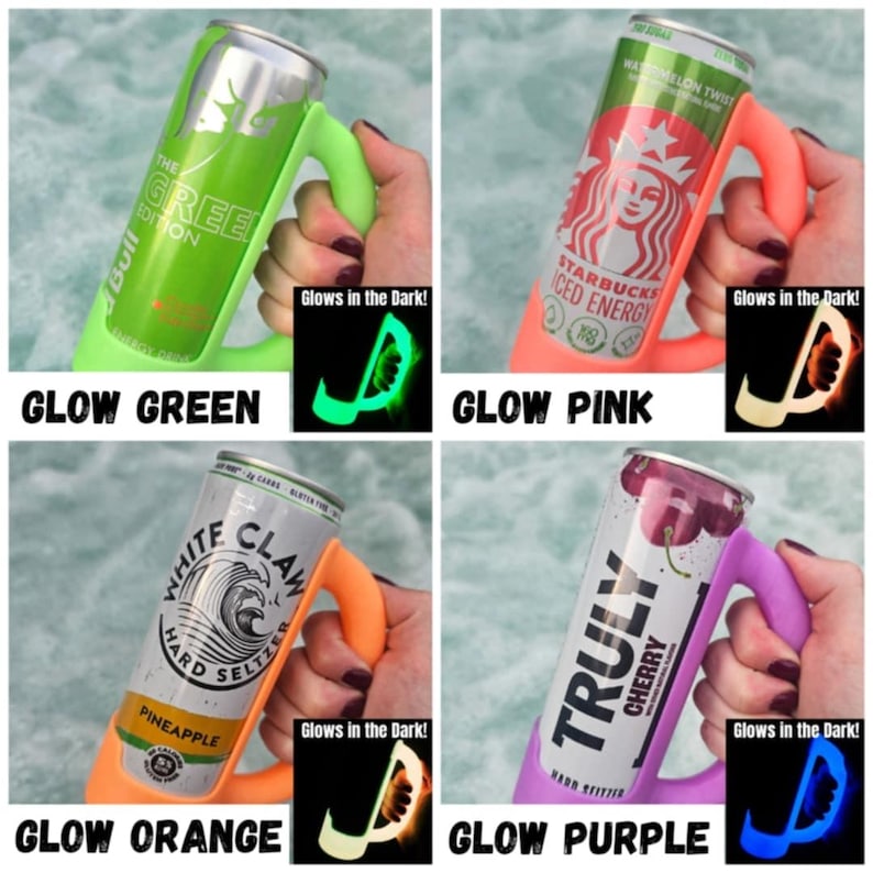 May include: Four beverage can holders in green, pink, orange, and purple. Each holder has a handle and glows in the dark. The cans include Red Bull, Starbucks Iced Energy, White Claw, and Truly Cherry.