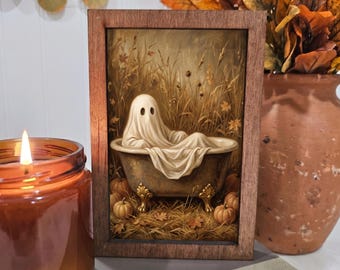 4x6 Wood Block Sign Art- Ghost in Bathtub Fall Halloween