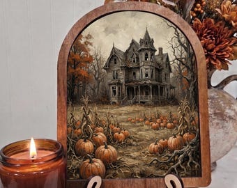 Arch Haunted House Pumpkins Framed Art Halloween Fall