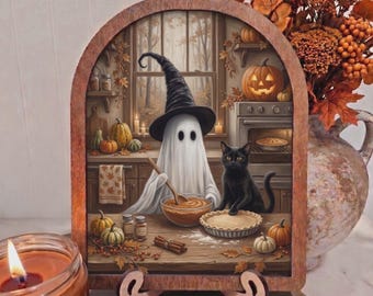 Ghost Baking Pumpkin Pie – Wood Arch Framed 8x10 Halloween Kitchen Decor