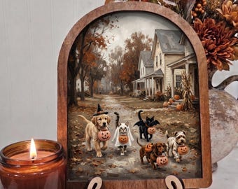 Arch Dogs and Cats Trick or Treat Framed Art Halloween Fall Light