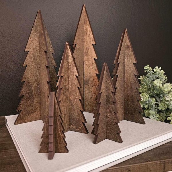 Stained Wood Christmas Tree Set: 3D Holiday Tabletop Decor