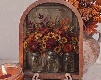 Fall Floral Mason Jars – Wood Arch Framed 8x10 Rustic Farmhouse Decor