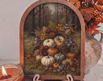 Pumpkin Stack with Autumn Flowers – Wood Arch Framed 8x10 Rustic Fall Forest Art