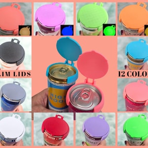 May include: A collection of colorful slim lids for cans, in various shades including pink, blue, green, and orange. The image displays 12 different colors, with the text "SLIM LIDS" and "12 COLORS".
