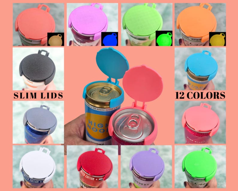May include: A collection of colorful slim lids for cans, in various shades including pink, blue, green, and orange. The image displays 12 different colors, with the text "SLIM LIDS" and "12 COLORS".