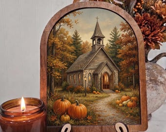 Arch Fall Rural Steeple Church and Pumpkins Framed Art