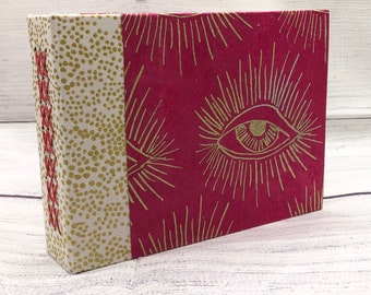 Diario de ojos magenta y dorado hecho a mano, cuaderno de bocetos encuadernado a mano, diario de arte