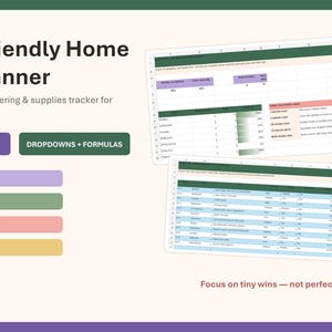 以下が含まれることがあります： ADHD対応ホームリセットプランナー、Excelスプレッドシート付き。毎日のリセットチェックリスト、毎週のタスクプランナー、整理整頓スプリント、備品補充トラッカーが含まれています。「小さな勝利に焦点を当てる」と書かれています。