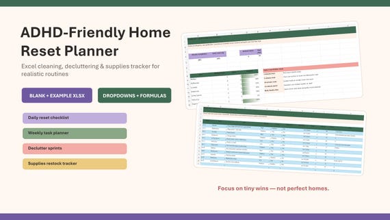 ADHD Cleaning Planner Excel, Focus-Friendly Home Reset Spreadsheet, Declutter Tracker & Supplies Budget