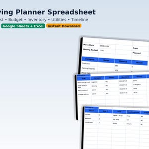 May include: A digital moving planner spreadsheet with tabs for checklist, budget, inventory, utilities, and timeline. The spreadsheet includes sections for move date, budget, and planned expenses. It is designed for use with Google Sheets and Excel.