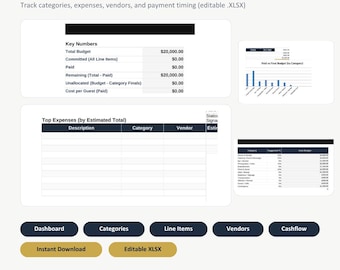 Event Budget Workbook, Wedding Tracker, Vendor Payment Planner (Editable XLSX)