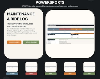 Foglio di calcolo per la registrazione della manutenzione di ATV e UTV, strumento di monitoraggio dell'assistenza per veicoli Powersports, registro delle corse, monitoraggio del carburante, pianificatore Excel per l'inventario dei ricambi.