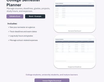 Foglio di calcolo per la pianificazione universitaria, monitoraggio dei compiti, monitoraggio dei voti, organizzazione di esami e semestri.