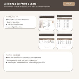 May include: A digital wedding essentials bundle featuring an expanded spreadsheet workbook with eight planning sections and core printables. The layout includes four preview windows showing wedding overview, budget, guest list, and seating charts.